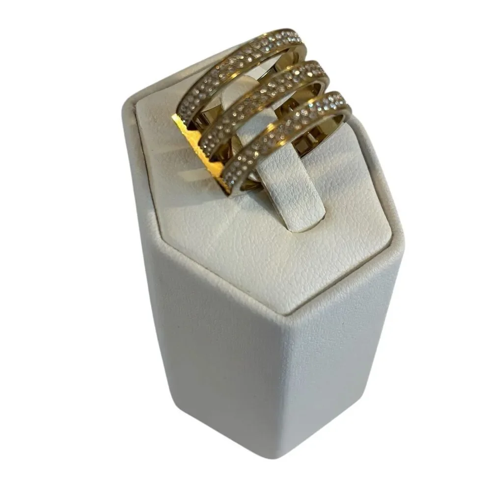 Michael Kors Gold Tone Tri-Stack Fashion Ring w/ Clear Pave Crystals.
